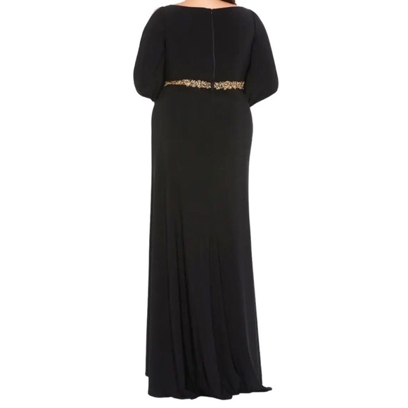 Mac Duggal Jersey V Neck Maxi Dress Gold Beaded Size 20 Leg Slit Formal - Picture 2 of 12